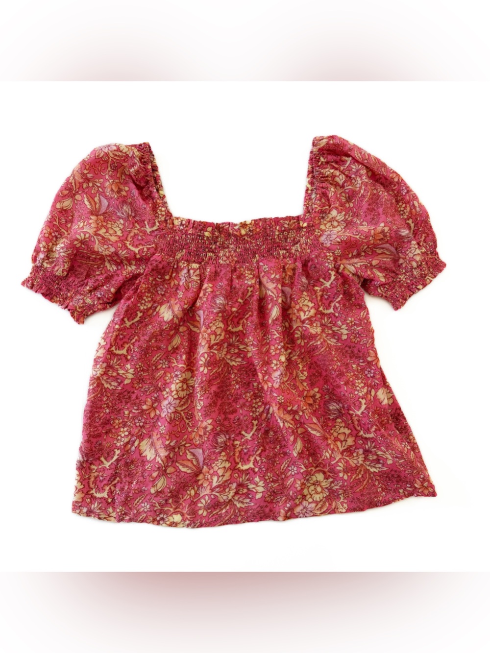 J. Crew Shirt Womens Small Pink Indian Cotton Voile Smocked Puff Sleeve Floral